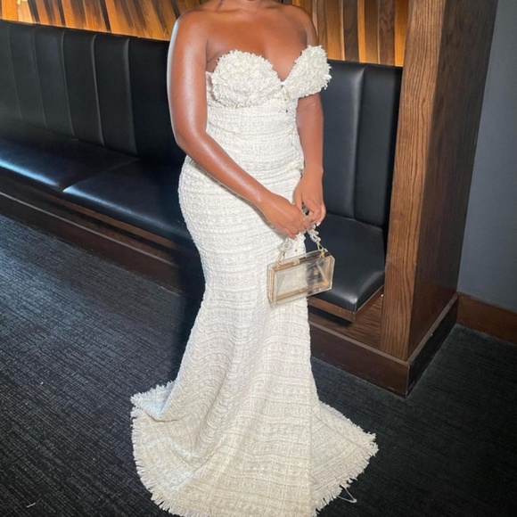 TWEED CREAM MAXI GOWN DRESS - Picture 2 of 6